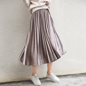 Long Metallic Silver Pleated Skirt