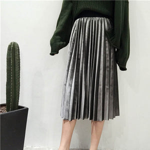 Long Metallic Silver Pleated Skirt