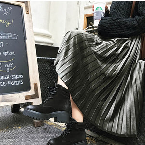 Long Metallic Silver Pleated Skirt