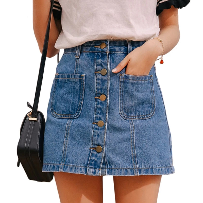 Single Button Pockets Blue Jean Skirt